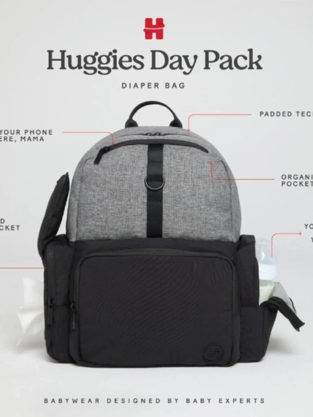 HUGGIES Unisex-adult Day Pack Diaper Backpack, Dark Grey Heather/Black, One Size